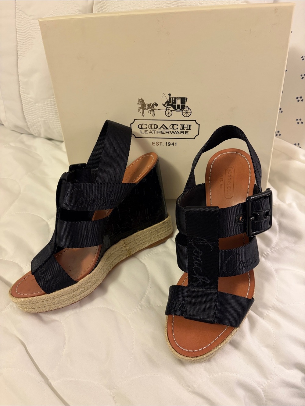 Coach Black Strappy Wedge Sandals with Espadrille Trim